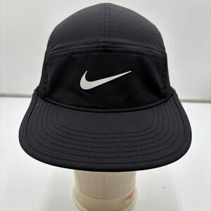 Nike 5 Panel Camp Cap Running Hat Swoosh Logo Adjustable Strap Black One Size